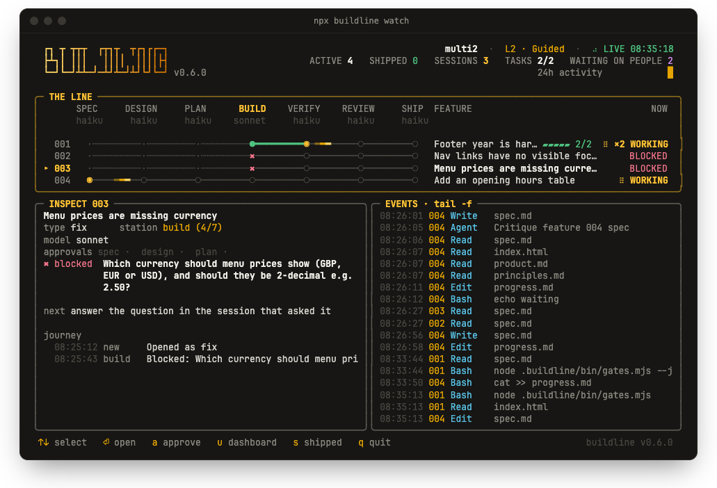 buildline watch: features on tracks through the stations, with an inspector and a live event log